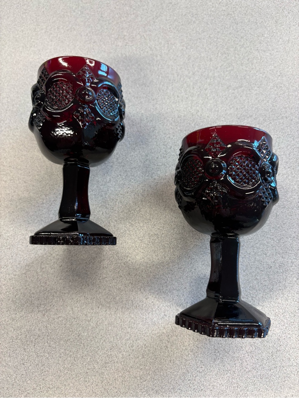 Vintage Avon 1876 Cape Cod Collection Ruby Red Glass Set of 2 Wine Goblets